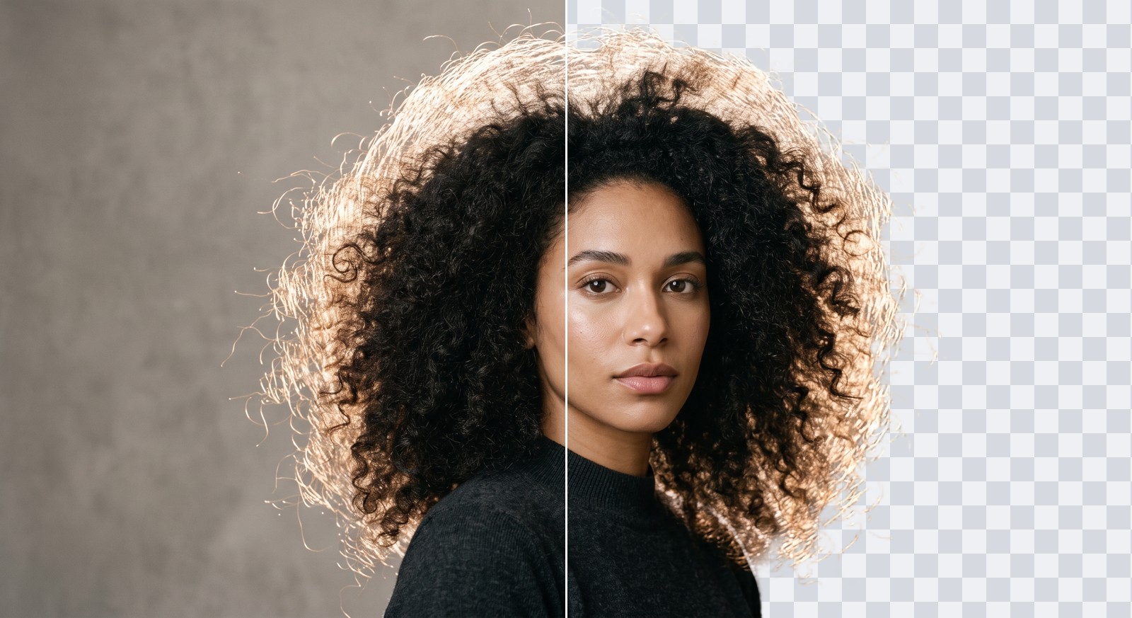 Curly hair, half the background removed