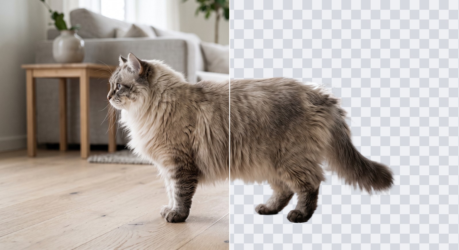 Fluffy cat at home, half the background removed